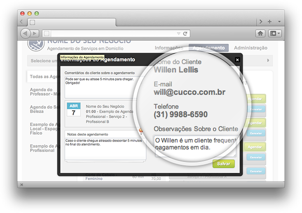Tela com informações do cliente e agendamento no Cucco